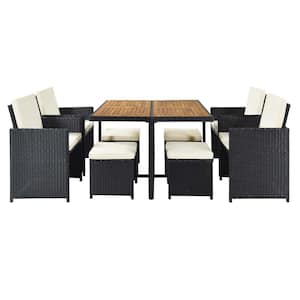 9-Piece Black PE Wicker Outdoor Dining Table Set Wood Tabletop Table Chair with Beige Cushion