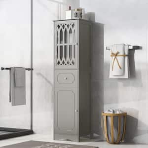 16.5 in. W x 14.2 in. D x 63.8 in. H Gray Tall Bathroom Freestanding Linen Cabinet with Drawer and Acrylic Door