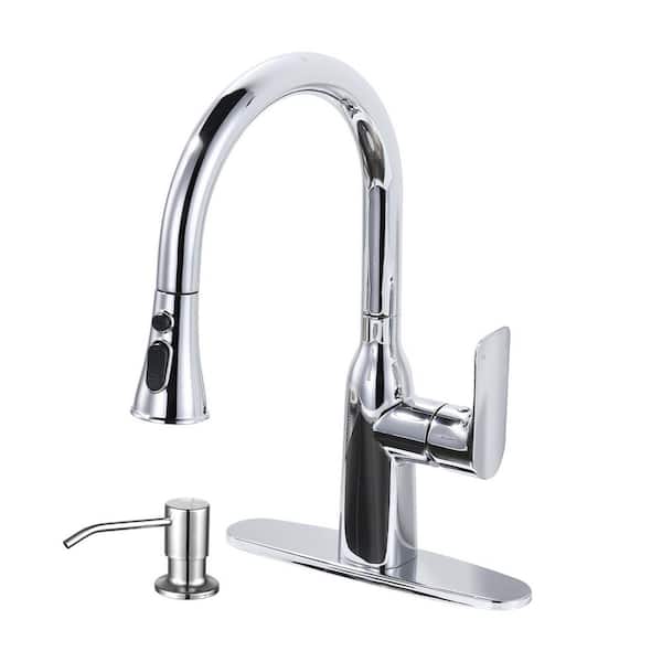 Single Handle Pull Down Sprayer Kitchen Faucet with Soap Dispenser and Deck Plate Included in Polished Chrome
