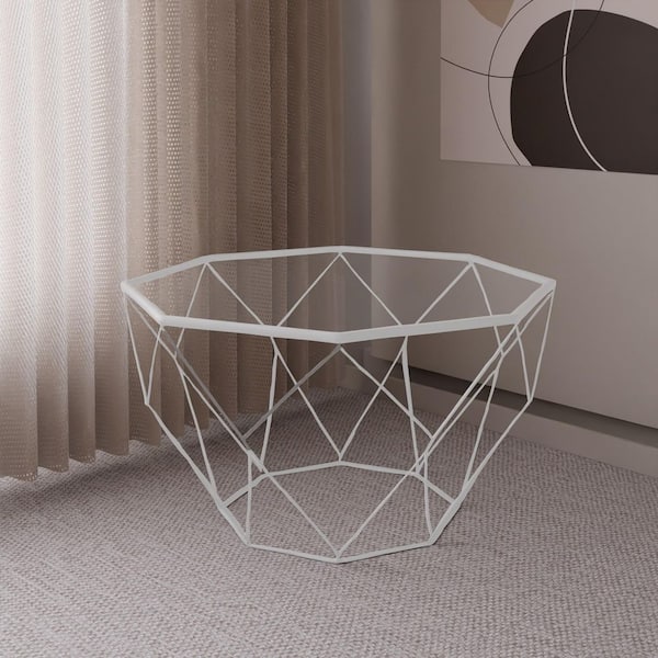 Malibu 29 in. Octagon Coffee Table Modern Tempered Glass Tabletop Geometric Metal Frame Accent Table in White