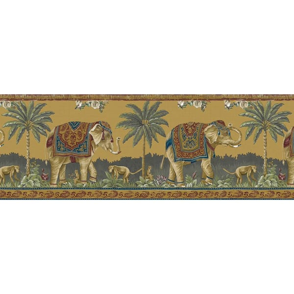 Dundee Deco Falkirk Dandy Red, Blue, Mustard, Beige Elephants, Monkeys Nature Peel and Stick Wallpaper Border