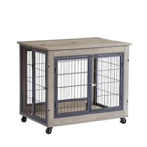 Furniture Style Dog Crate Side Table on Wheels with Double Doors and Lift Top in Grey