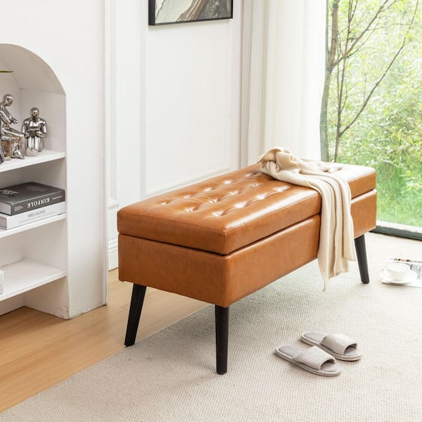 43.3 in. W Brown PU Leather End of Bed Bench with Storage Entryway Bench for Bedroom, Living Room