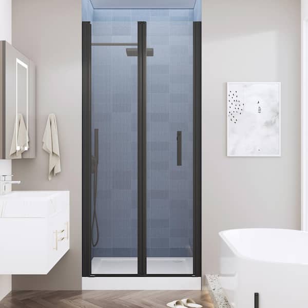 Hpeytaire 34 in. W x 72 in. H Bi Fold Sliding Semi-Frameless Shower Door in Matte Black Free Folding Panel with Tempered Glass