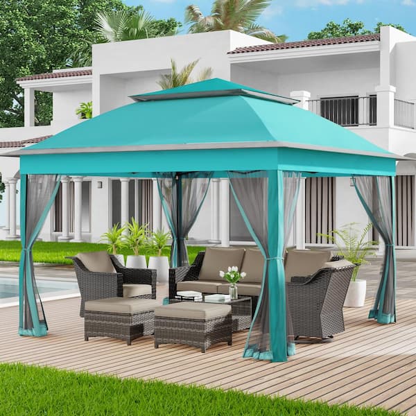 Gardenbee Turquoise Portable Steel Pop-Up Gazebo with Mosquito Netting 11 ft. x 11 ft.