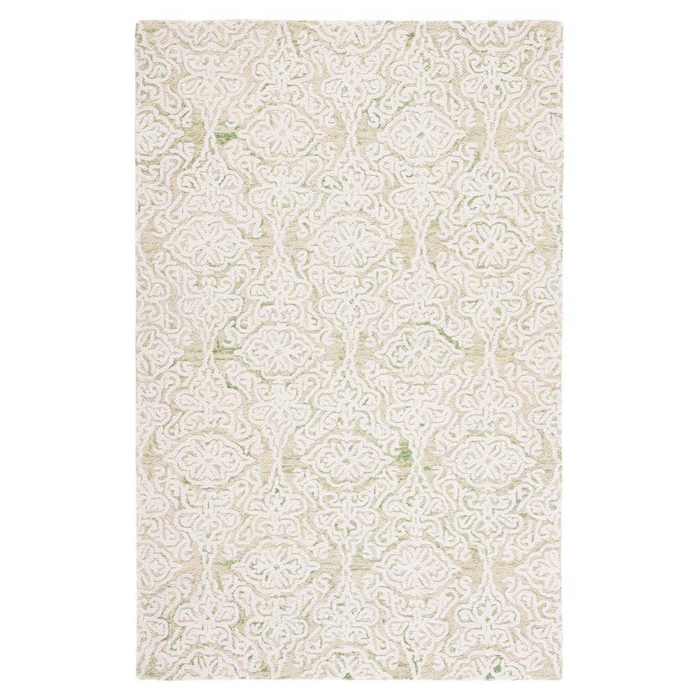 Ivory and Light Green Floral Wool Handmade Rug, 5' x 8'