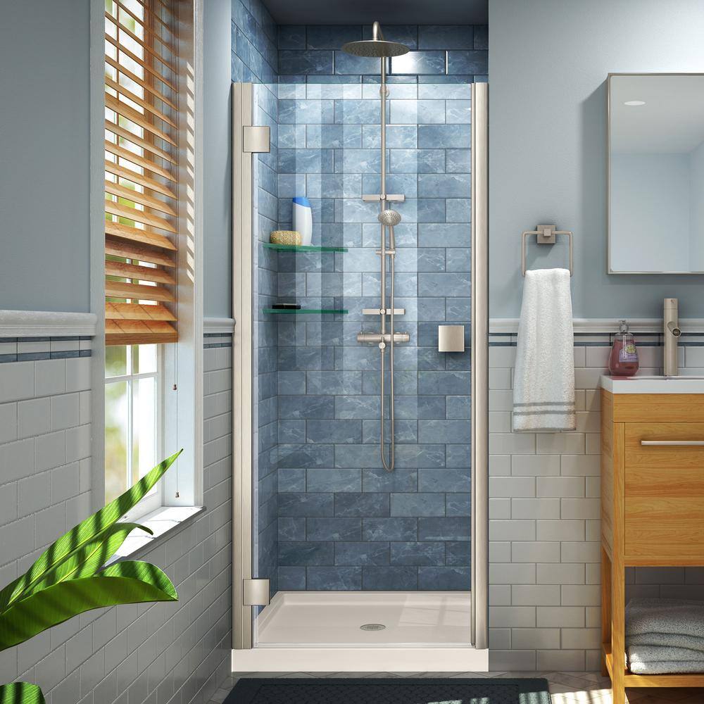 Lumen 42 in. x 72 in. Semi-Frameless Hinged Shower Door in Brushed Nickel with 42 in. x 36 in. Base in Biscuit price history on PriceWatchPro