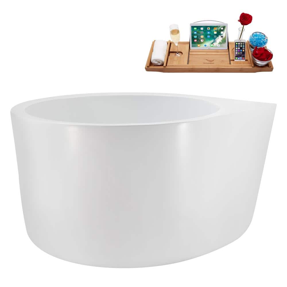 47" Glossy White Acrylic Freestanding Soaking Bathtub with Polished Chrome Drain and Bamboo Tray