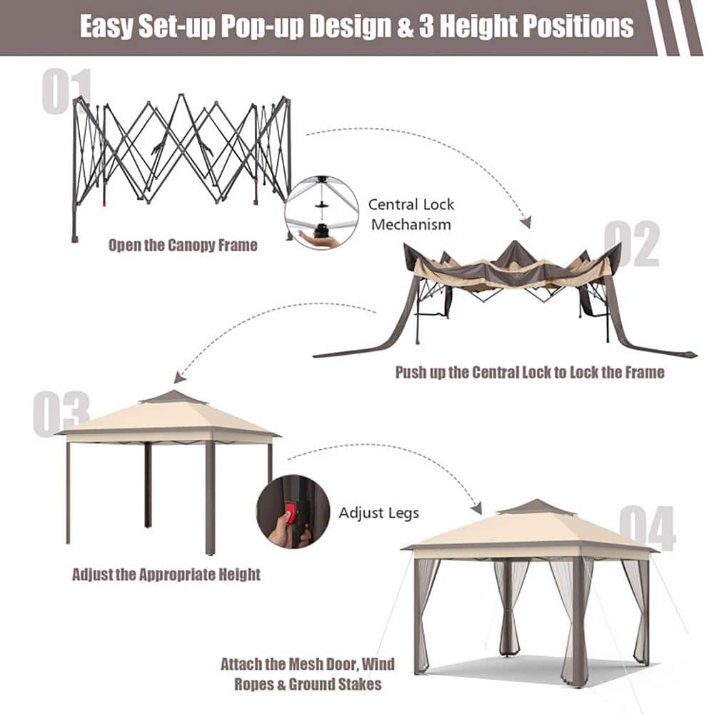 Beige and Brown 11'x11' 2-Tier Pop-Up Gazebo Tent with Mesh