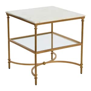 Libertine 24 in.Genuine White Marble and Glass End Table with Gold Finish Iron Frame