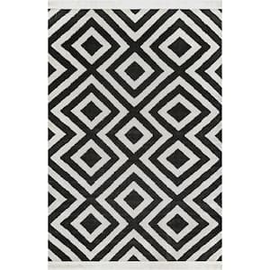 Rayne Diamond Fringe Black 6 ft. 7 in. x 9 ft. Indoor/Outdoor Patio Area Rug