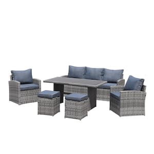 Florence Gray 6-Piece Wicker Patio Seating Set with Dark Blue Cushions and Dining Table