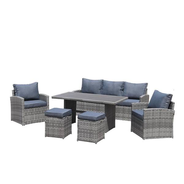 DIRECT WICKER Florence Gray 6-Piece Wicker Patio Seating Set with Dark Blue Cushions and Dining Table