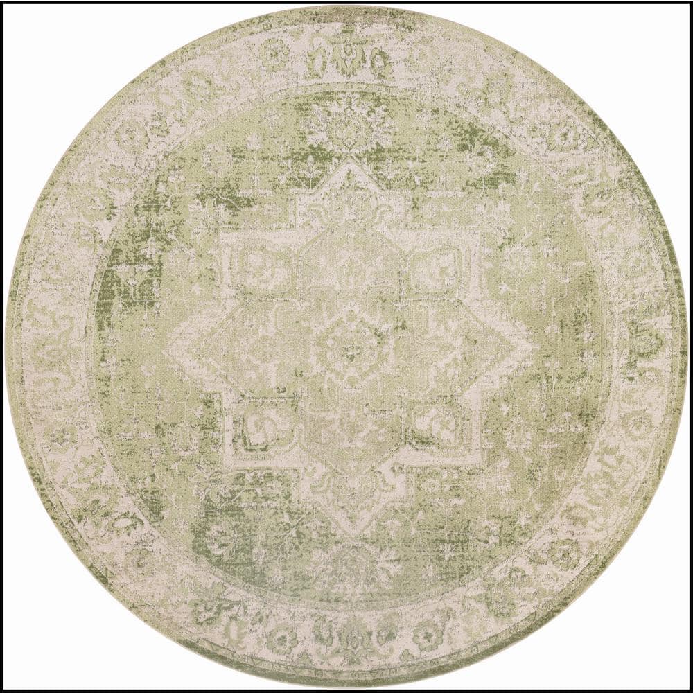 Ivory Green Round Synthetic Medallion Washable Rug 5'3"