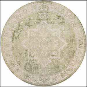 Astra Machine Washable Ivory Green 5 ft. x 5 ft. Center medallion Traditional Round Area Rug