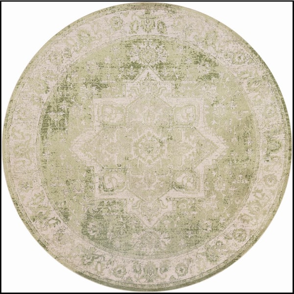 Astra Machine Washable Ivory Green 5 ft. x 5 ft. Center medallion Traditional Round Area Rug