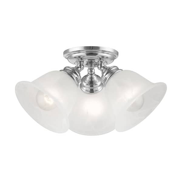 Livex Lighting Woodside 14.5 in. 3-Light Polished Chrome Industrial Semi Flush Mount with Alabaster Glass and No Bulbs Included