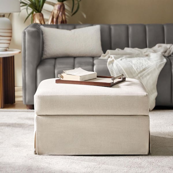 Linda Beige Polyester Modern and Farmhouse Upholstered Slipcover Ottoman