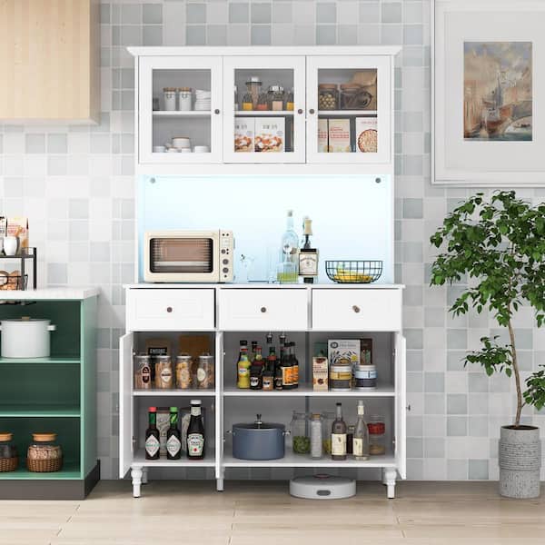 77 in. White Wood Kitchen Pantry Organizer with LED Lights and Power Outlets