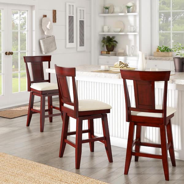 24 in. H Antique Berry Panel Back Swivel Chair with Beige Linen Seat