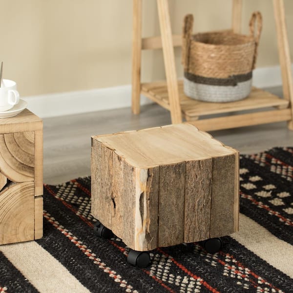 Accent Decorative Natural Wooden 10.75 Square Stump Stool with Wheels for Indoor and Outdoor