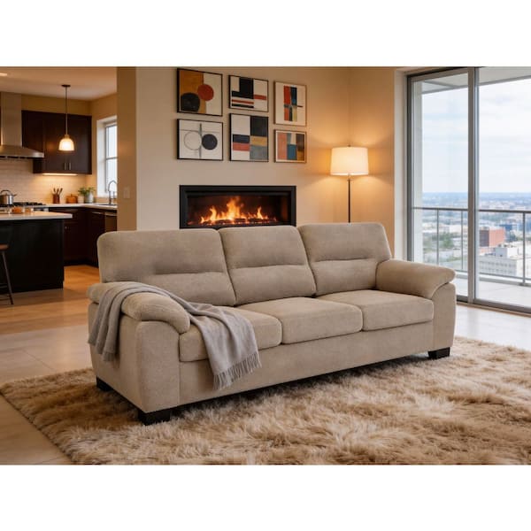 Serpent Modern Wise 97 in. Fabric Upholstery Pillow Top Arms Rectangle 3-Seater Sofa in Beige with Sturdy Frame, Camel