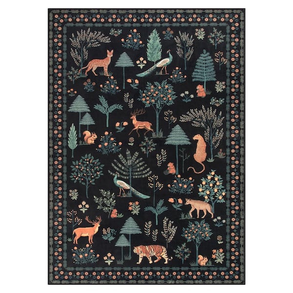 Jungle Animal Design Machine Washable Non Slip Black 5 ft. x 7 ft. Living Room/Bedroom/Kid Room Area Rug