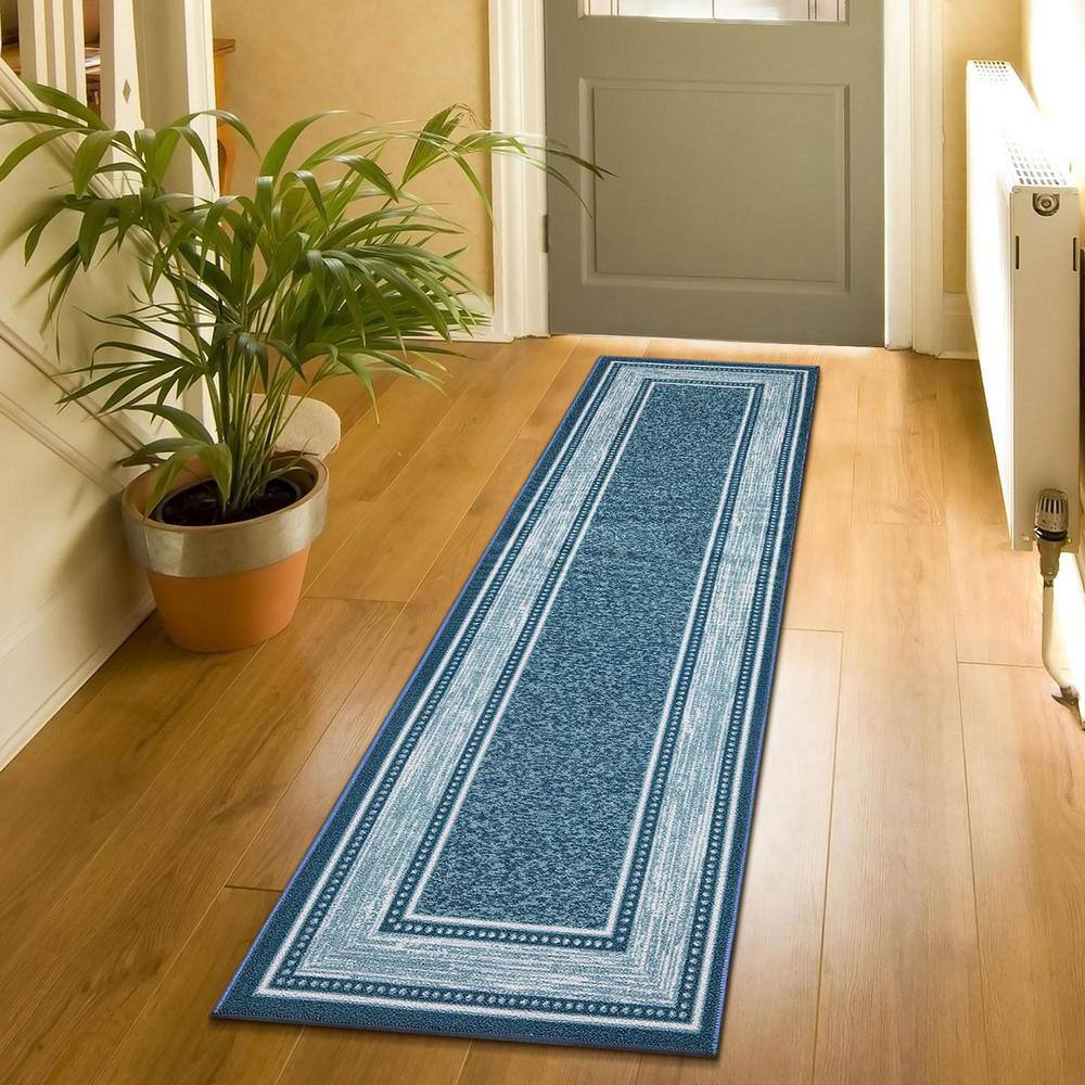 Blue Synthetic Non-Slip Washable Hallway Runner Rug