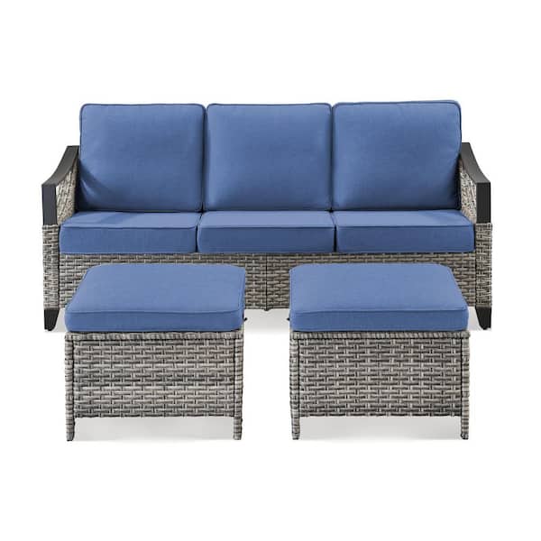 Buenaola 3-Piece Wicker Outdoor Patio Sofa Sectional Couch Set with Ottomans, Blue Cushions