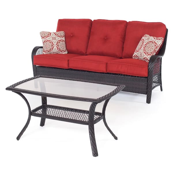 Hanover Orleans 4-Piece Patio Seating w/ The 4 Cushions Table Set Autumn Berry Coffee Pillows, Top - Depot Deep ORLEANS4PCSW-B-BRY All-Weather Wicker Glass Home