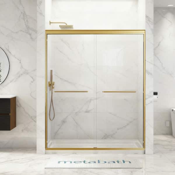 56 to 60 in. W x 72 in. H Semi Frameless Double Sliding Shower Door in Brushed Gold with 5/16 in. Tempered Clear Glass
