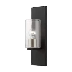 Ashford 1-Light Black Wall Sconce with Brushed Nickel Accent and Clear Seeded Glass