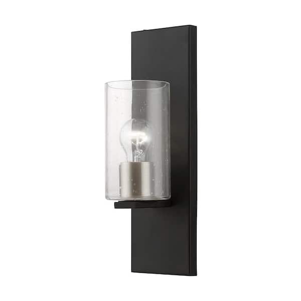 AVIANCE LIGHTING Ashford 1-Light Black Wall Sconce with Brushed Nickel Accent and Clear Seeded Glass