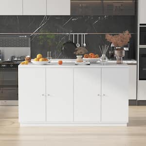 White Wood 63 in. W Kitchen Island Dining Bar Table Sideboard with Marble Countertop, Door Cabinets, 6-Drawers