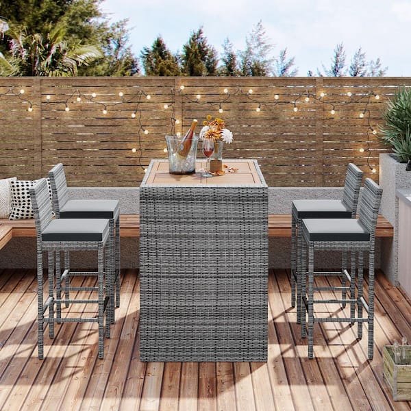 GO 5-Piece Wicker Outdoor Dining Bar Set with Gray Cushion, Non-Slip Feet and Fixed Rope, Removable Cushion