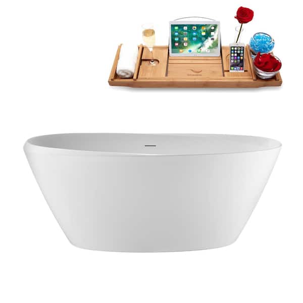 59 in. x 29 in. Acrylic Freestanding Soaking Bathtub in Glossy White with Matte Black Drain, Bamboo Tray