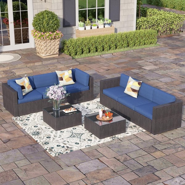 PHI VILLA Black 6 Seat 8-Piece Rattan Wicker Steel Patio Outdoor Sectional Set and 2 Coffee Tables with Blue Cushions
