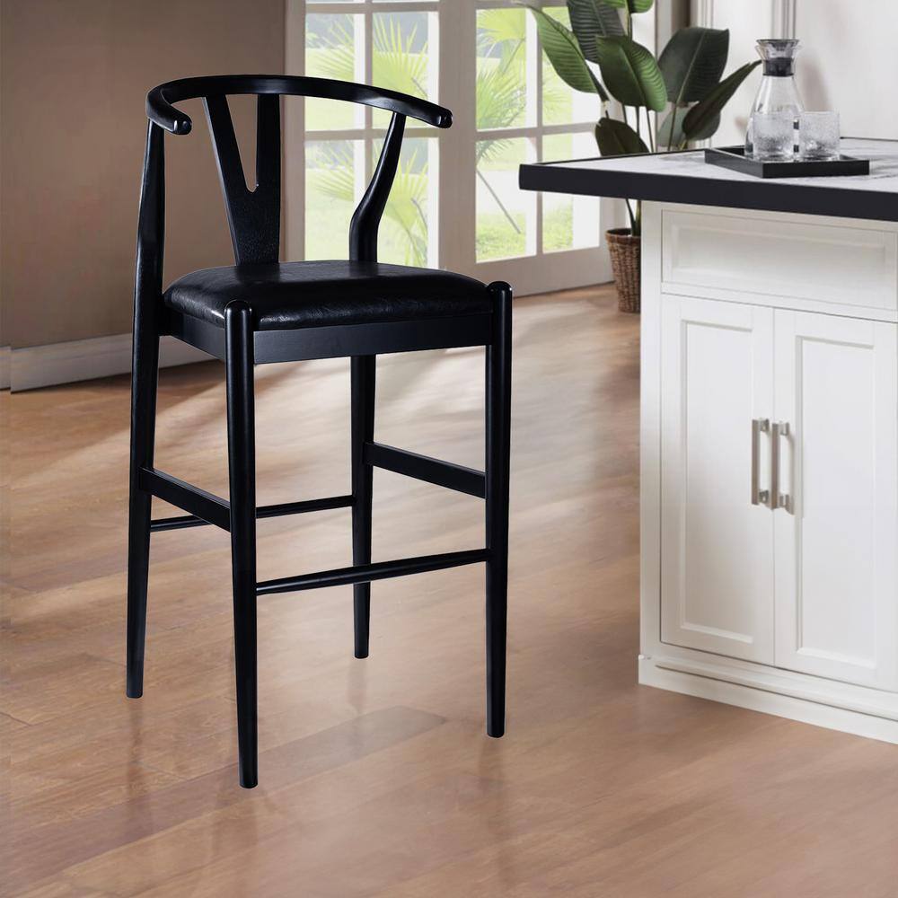 Wishbone 29 in. Black High Back Wood Kitchen Bar Stool with Faux Leather Se