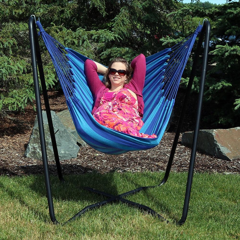 Blue Cotton Hanging Hammock Chair with Black Steel Stand