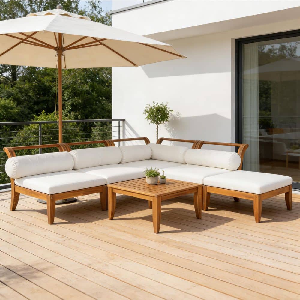 デプス セット Teak 6-Piece Acacia Wood Outdoor Sectional Set with Beige Cushions