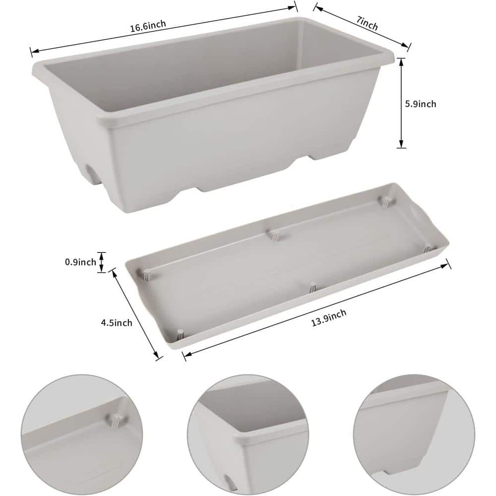 Gray Plastic Rectangular Window Box Planter with Drainage Holes