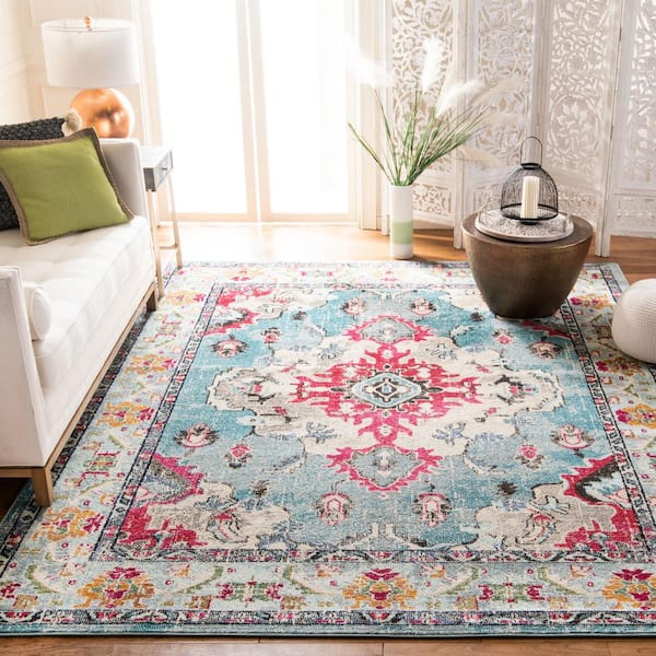 Monaco Light Blue/Fuchsia 12 ft. x 18 ft. Distressed Border Medallion Area Rug