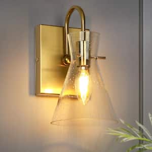 Modern Funnel Bedroom Wall Light(s) 1-Light Gold Bathroom Vanity Light Dome Wall Mount Sconce with Seeded Glass Shade