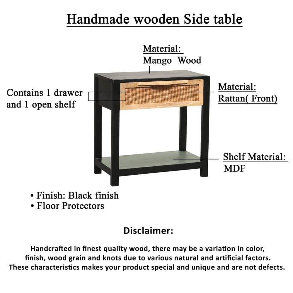 Tia 22 Inch Black Pine Wood Side Table with Rattan Drawer