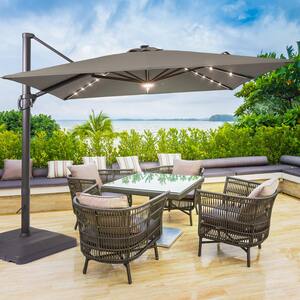 10 ft. x 10 ft. Solar LED Patio Cantilever Umbrella with a Base, Aluminum Outdoor Offset Rotation w/Solar Lights, Gray