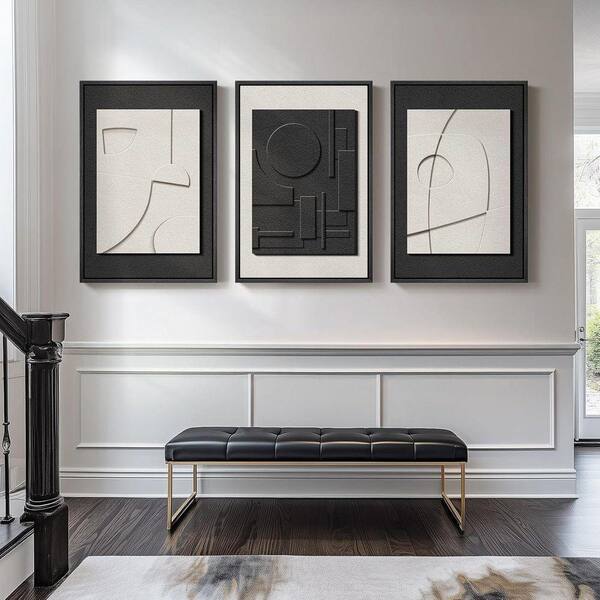 3 Piece Large 3D Textured Framed Black and White Abstract Wall Art