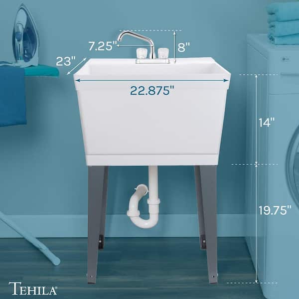 Complete 22.875 in. x 23.5 in. White 19 Gal. Utility Sink Set with Non-Metallic Chrome Finish Faucet Complete 22.875 in. x 23.5 in. White 19 Gal. Utility Sink Set with Non-Metallic Chrome Finish Faucet