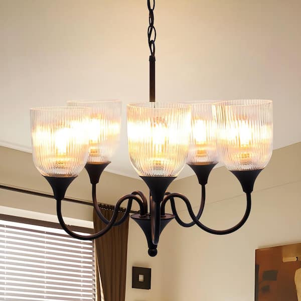Sunpez 20 in. W, 5-Light Black Chandelier Hanging Lighting Fixture with Glass Shaded for Kitchen Island, E26, No Bulbs Included
