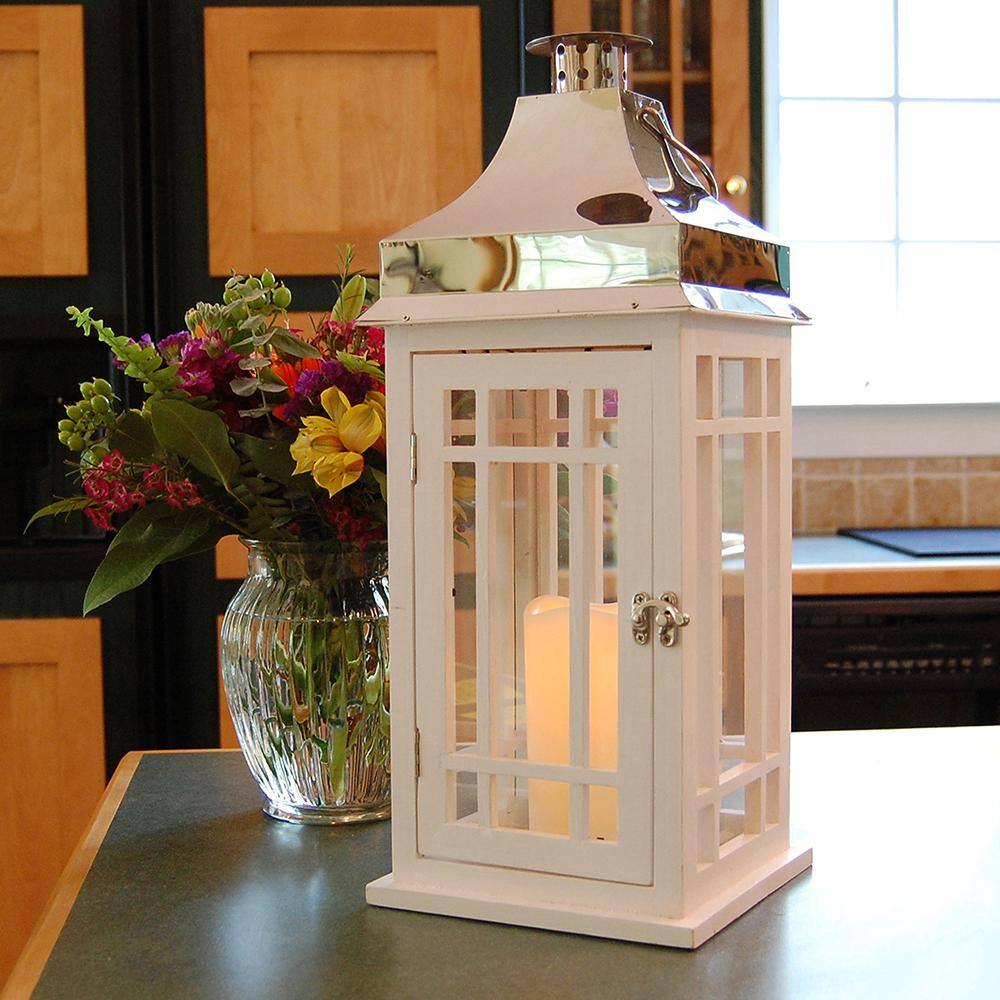 Elegant White Wood and Chrome LED Lantern, Flameless Ambient Light