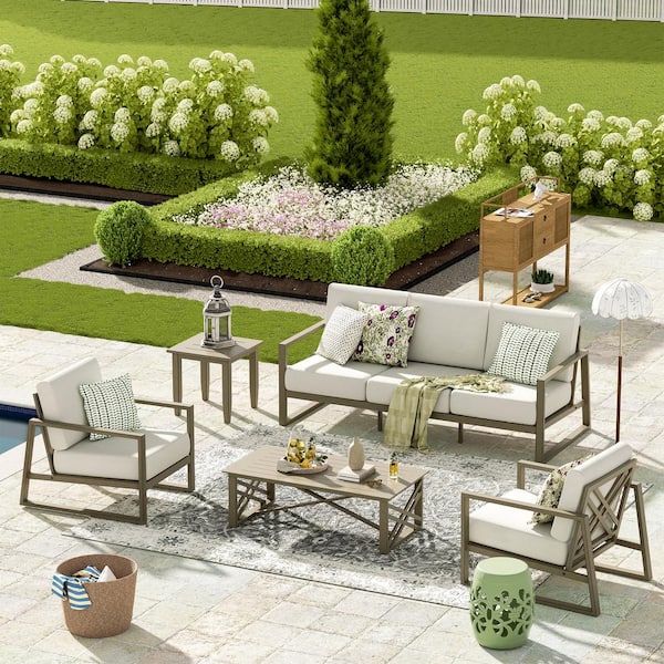 PEAK HOME FURNISHINGS Hamarto 5-Piece Aluminum Patio Outdoor Conversation Set with Warm White Cushions Sofa